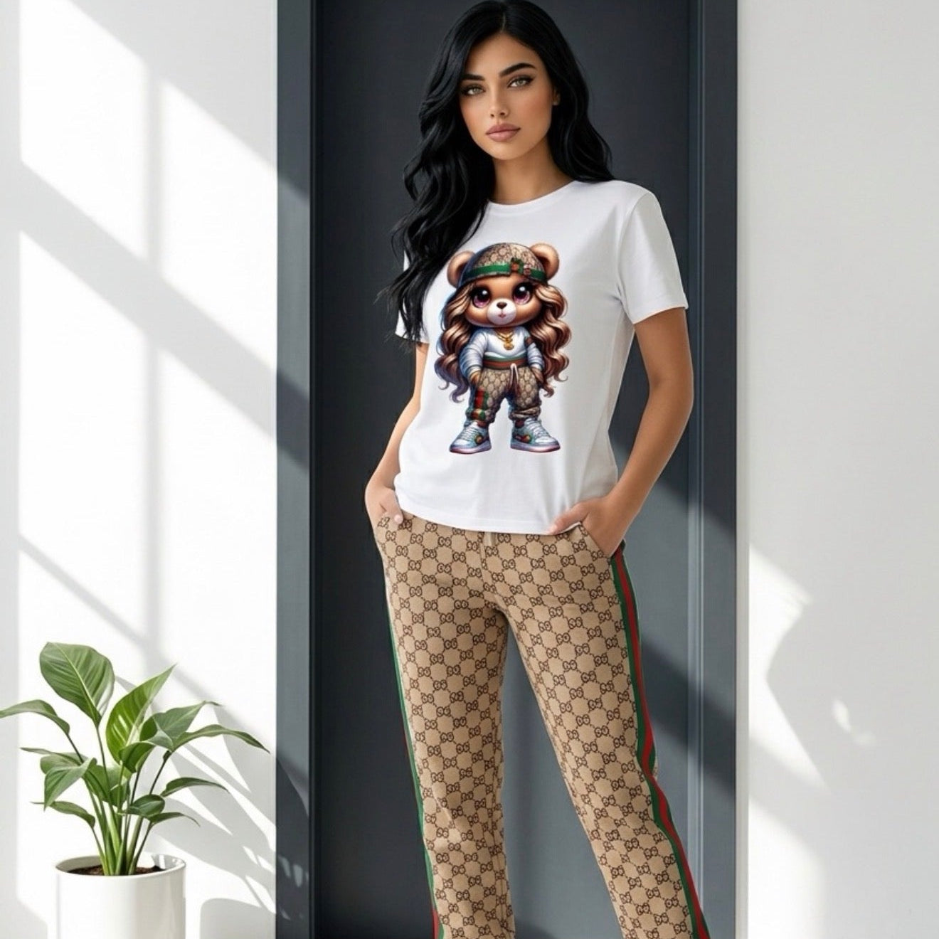 Woman wearing a white t-shirt with a graphic design and patterned pants standing in a well-lit room.