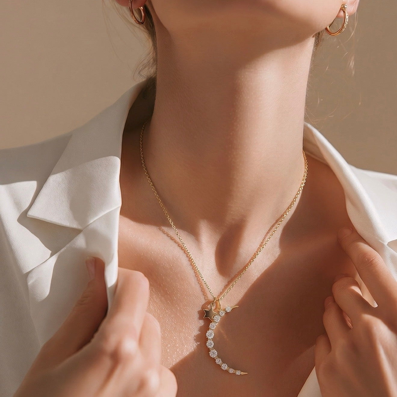Woman wearing a delicate necklace with a plain background