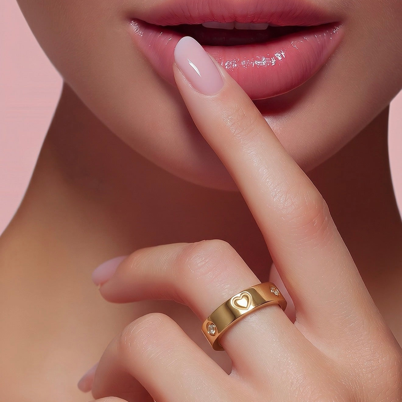 Close-up of a hand with a gold ring on a pink background