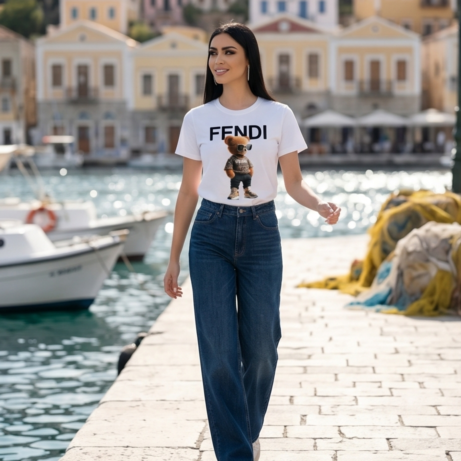 Woman wearing a Fendi t-shirt with a dog graphic by a waterfront with boats and buildings.