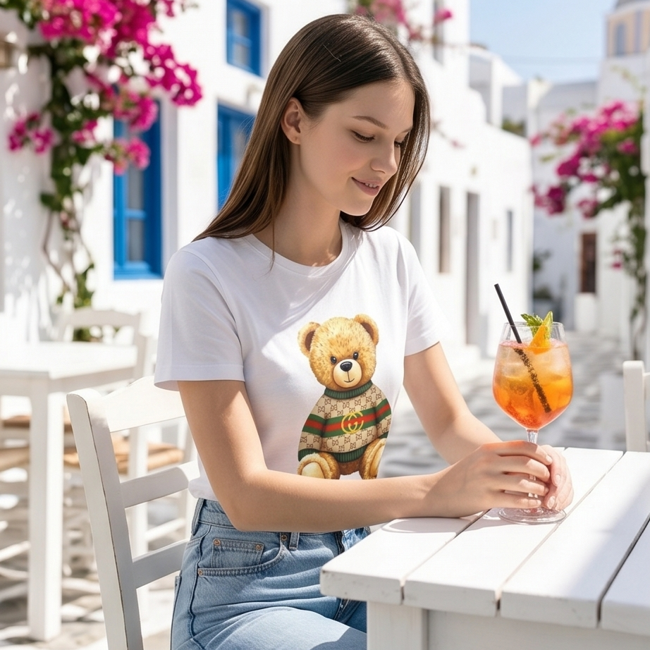 Woman sitting at a table with a drink, wearing a white t-shirt with a teddy bear graphic.