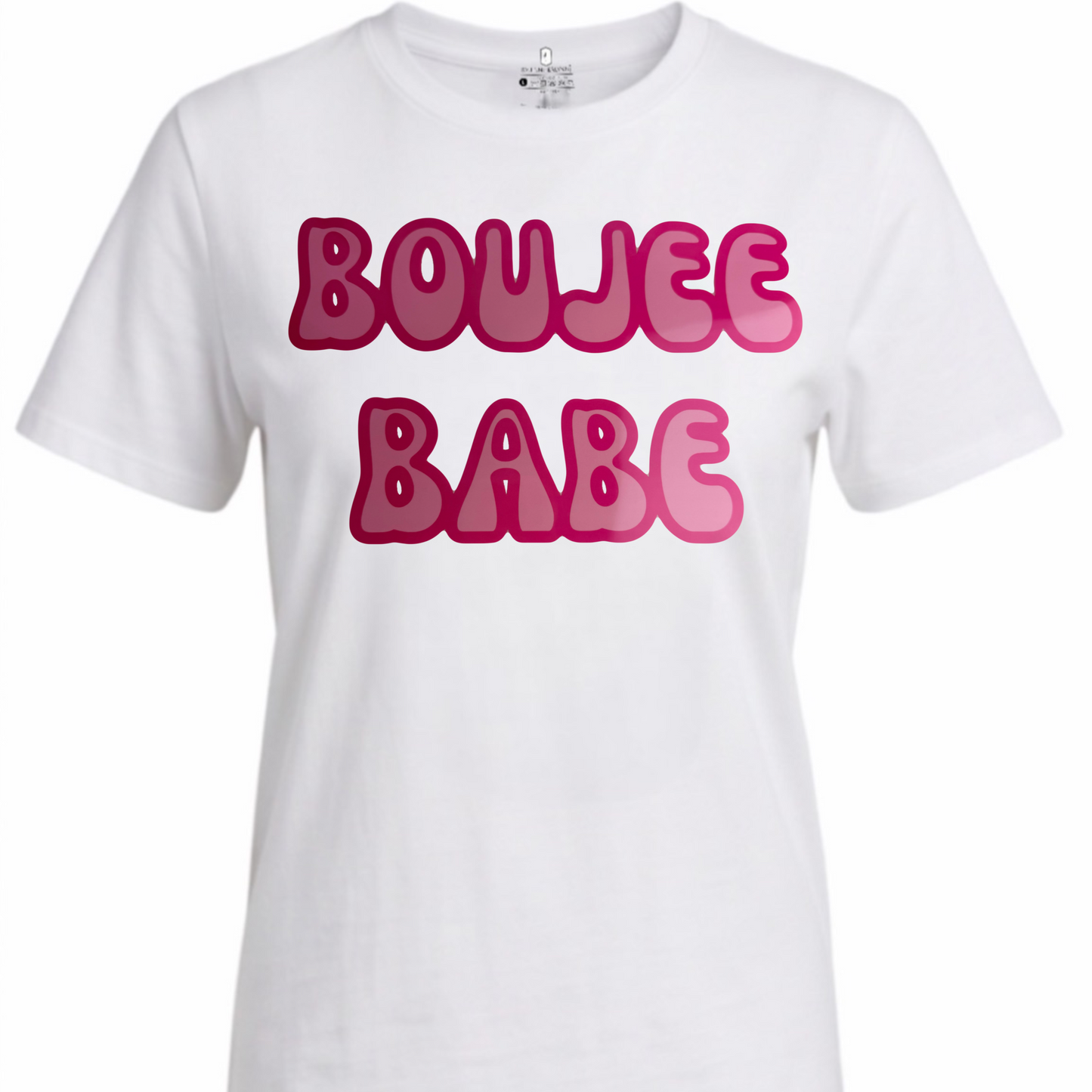 A white short-sleeve crewneck t-shirt featuring the text 'BOUJCE BABE' printed in a bold, pink-to-red gradient bubble font across the chest.