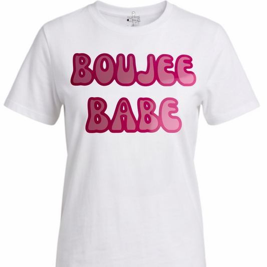 A white short-sleeve crewneck t-shirt featuring the text 'BOUJCE BABE' printed in a bold, pink-to-red gradient bubble font across the chest.
