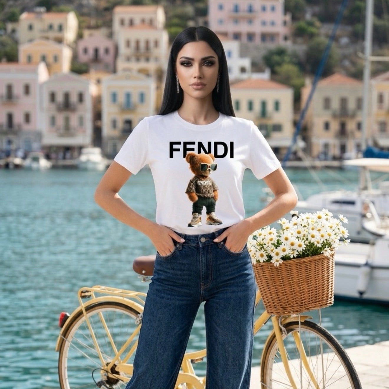 Woman wearing a Fendi t-shirt with a teddy bear graphic, standing by a waterfront with a bicycle and flowers.
