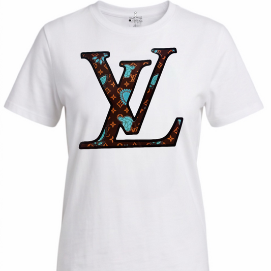 A white short-sleeve crewneck t-shirt featuring a large Louis Vuitton LV logo graphic on the chest, filled with a brown and turquoise monogram pattern.