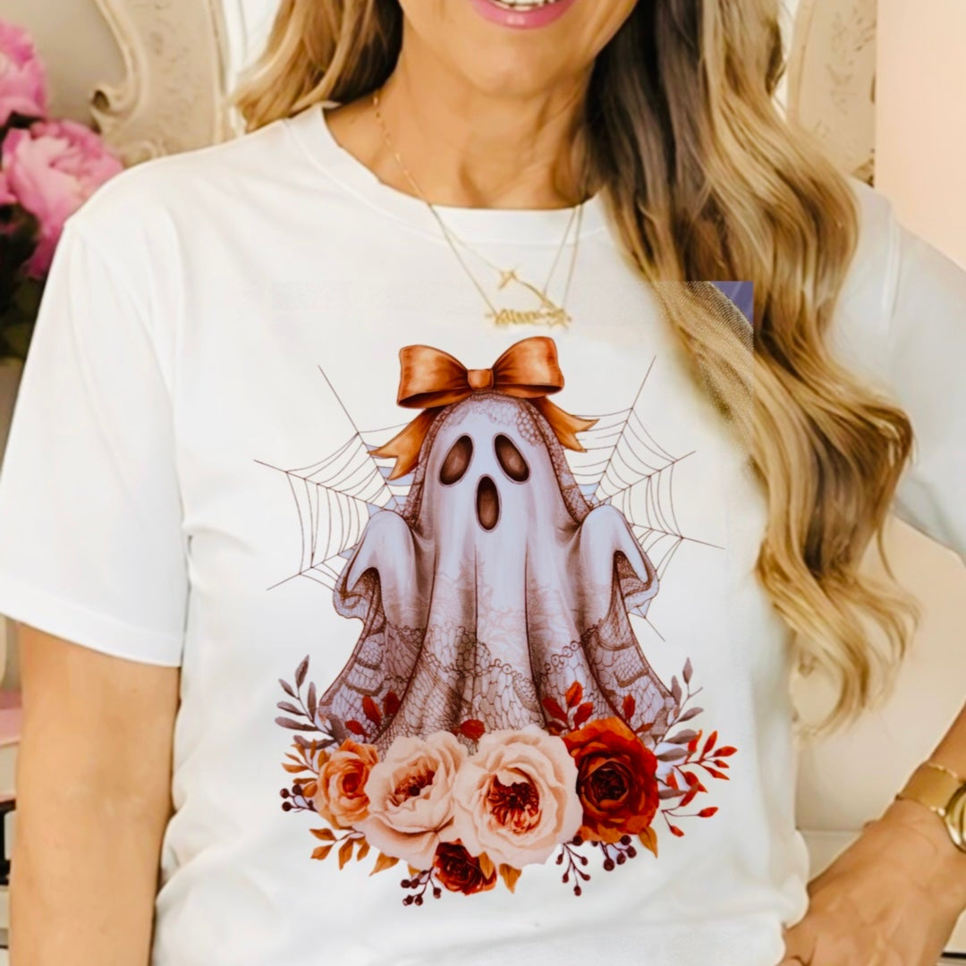  a white graphic t-shirt with a ghost design