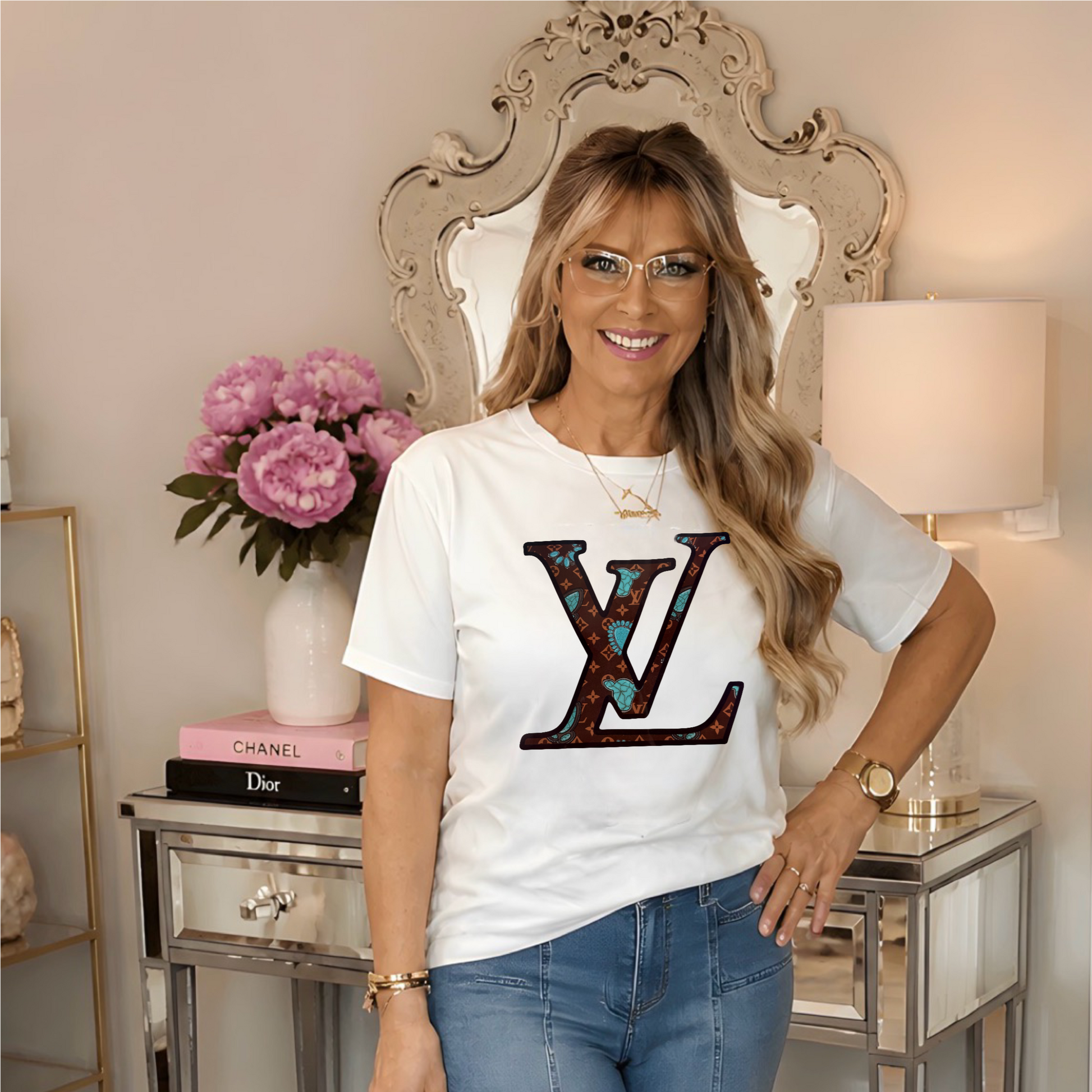 a white LV WESTERN graphic T-shirt,
